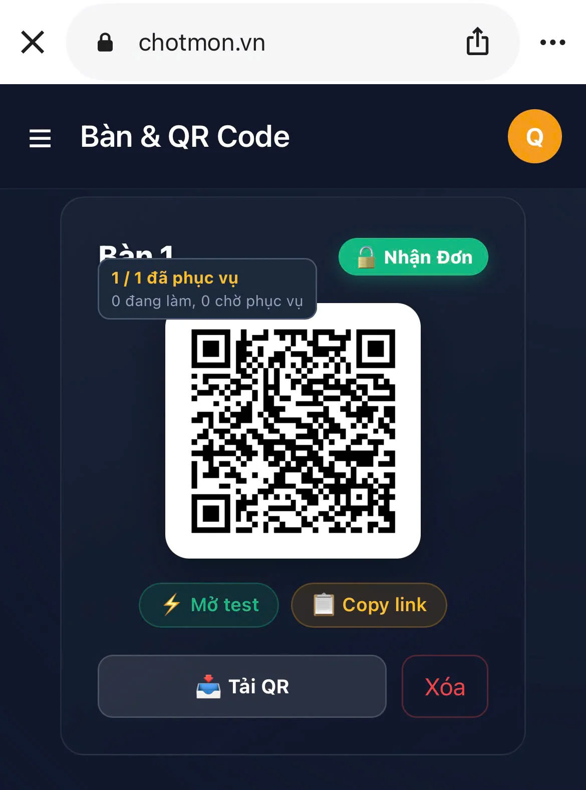 Mã QR gắn với bàn để khách quét gọi món trên ChotMon