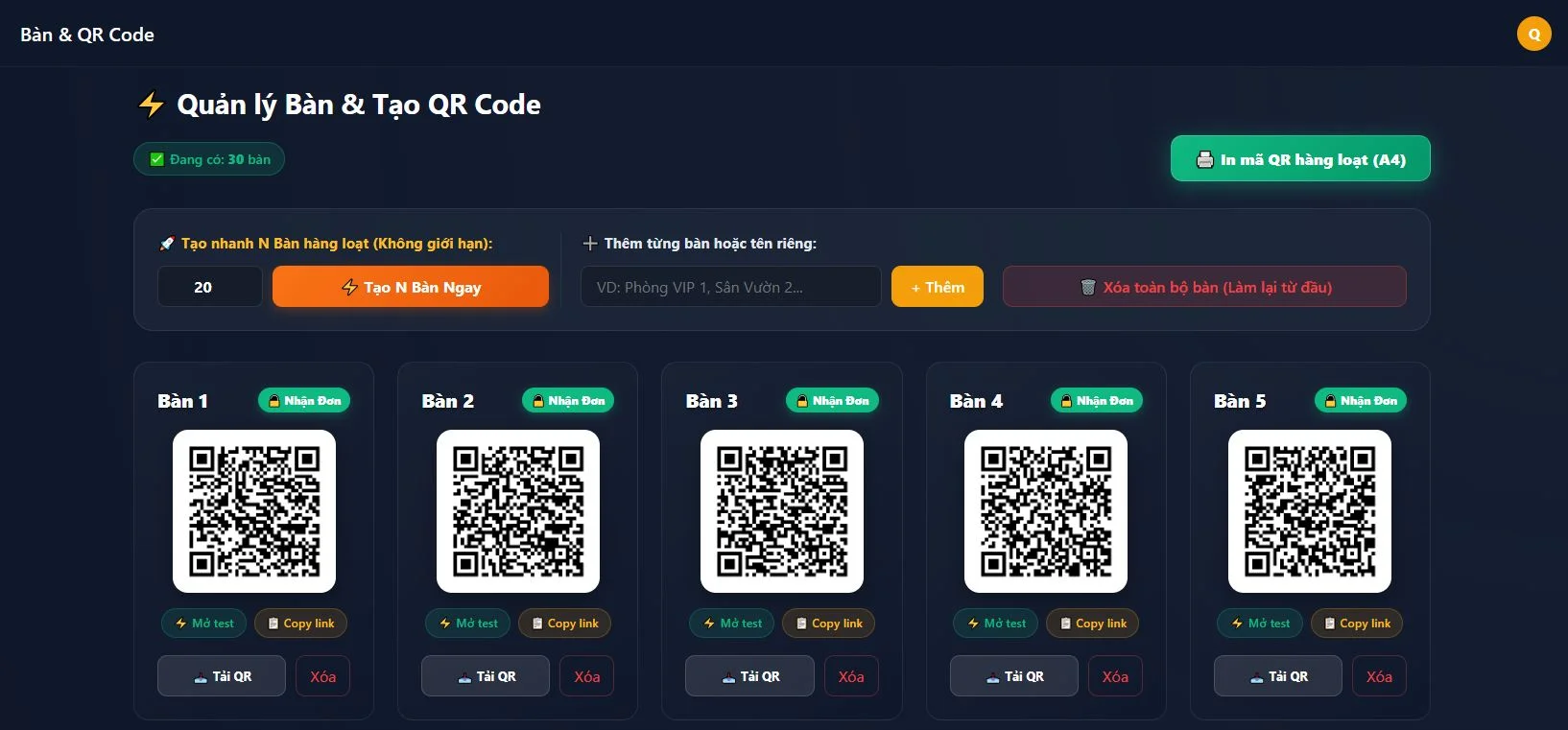 Màn hình quản lý bàn và QR Code trên ChotMon